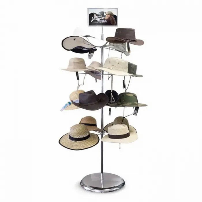 Customized 4-Sided Casual Silvery Metal Floor Hat Display Stand