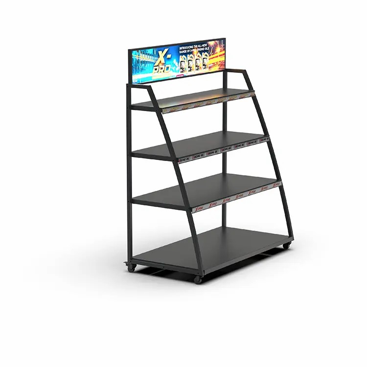 4-tier Black Metal POP Floor Standing Display Shelf for Motor Engine Oil