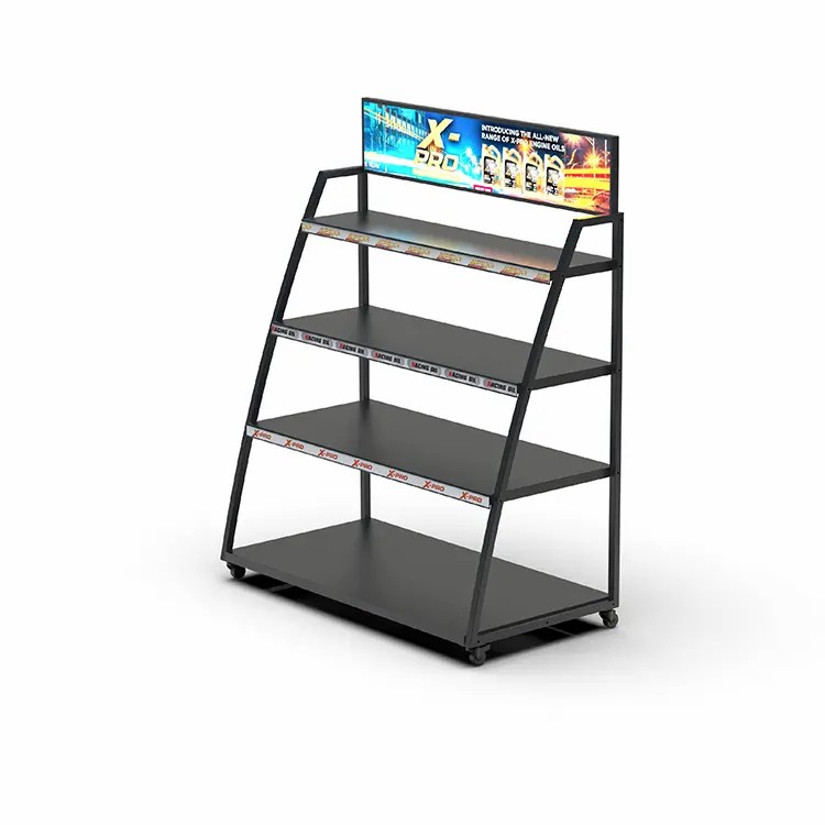 4-tier Black Metal POP Floor Standing Display Shelf for Motor Engine Oil